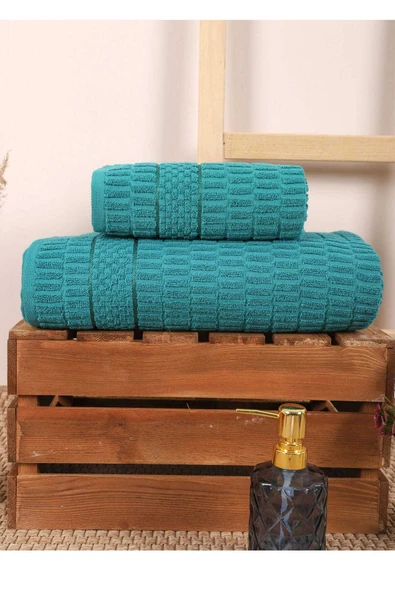 2 Parça Banyo Havlu Takımı %100 Pamuklu Çubuk Desen Yeşil ürün görseli 1