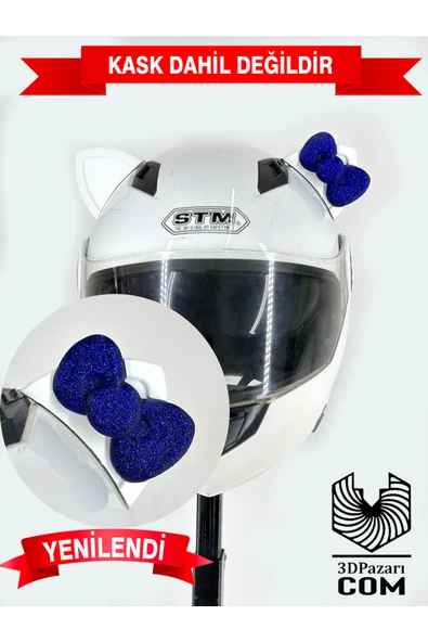 Butik Motor & Motosiklet Koyu Mavi Fiyonklu Beyaz Kedi Kulak Kask Dış Aksesuarı ürün görseli 1