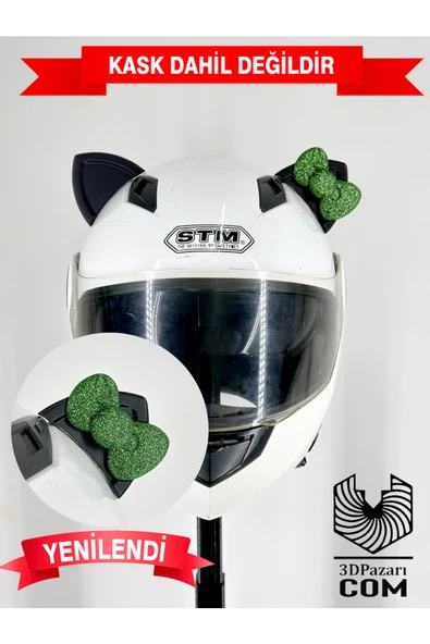 Butik Motor & Motosiklet Yeşil Fiyonklu Siyah Kedi Kulak Kask Dış Aksesuarı ürün görseli 1