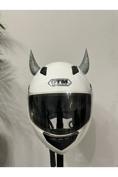 Butik Motor & Motosiklet Gümüş Hologram Simli Şeytan Boynuzu Kask Dış Aksesuar ürün görseli 1