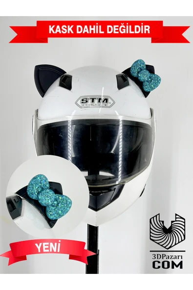 Butik Motor & Motosiklet Turkuaz Simli Fiyonklu Siyah Kedi Kulak Kask Dış Aksesuarı ürün görseli 1