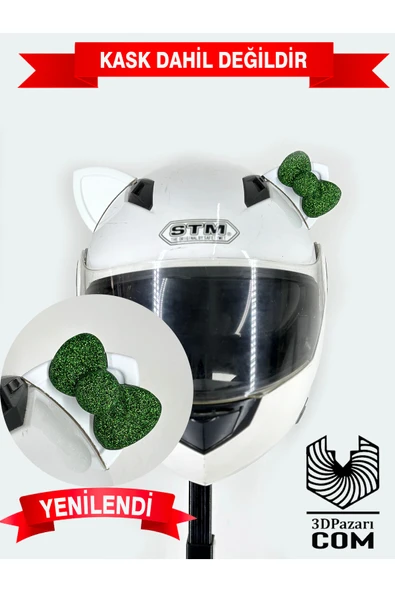 Butik Motor & Motosiklet Yeşil Fiyonklu Beyaz Kedi Kulak Kask Dış Aksesuarı ürün görseli 1