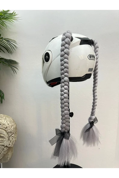 Butik Motor & Motosiklet Gri Simli Çift Örgü Saç Kask Dış Aksesuarı ürün görseli 1