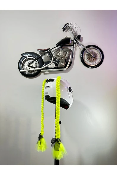 Butik Motor & Motosiklet Uyumlu Neon Sarı Çift Örgülü Saç Kask Dış Aksesuarı ürün görseli 1