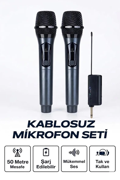 Profesyonel Çiftli Kablosuz Mikrofon Seti Karaoke Şarj Edilebilir 50 Metre ürün görseli 1