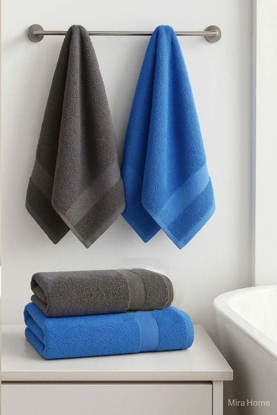 4 Parça Banyo Havlu Takımı %100 Pamuklu Dry Antrasit Mavi ürün görseli 1