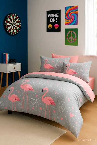 Flamingo Desenli  Pamuklu Tek Kişilik Nevresim Takımı ürün görseli 1