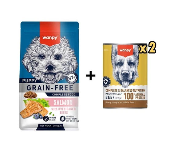 Wanpy Tahılsız Somonlu Yavru Köpek  Maması 1,5 Kg + 2 Adet Wanpy Tahılsız %100 Gerçek Et Biftekli Köpek Konservesi 375 gr ürün görseli 1
