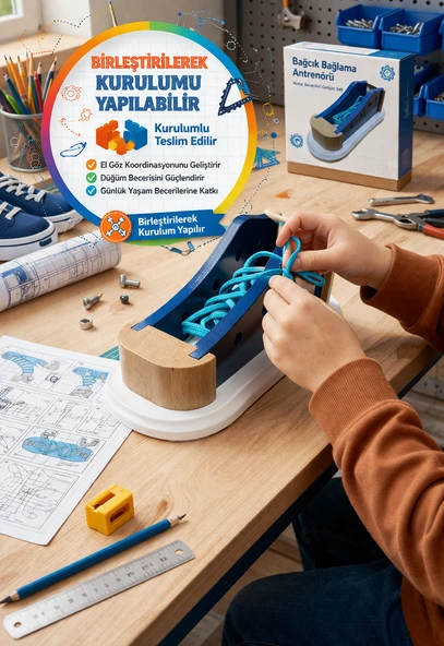 Montessori Ahşap Ayakkabı Bağlama Oyunu Mavi | Eğitici Oyuncak 3+ Motor Beceri Geliştirici ürün görseli 1