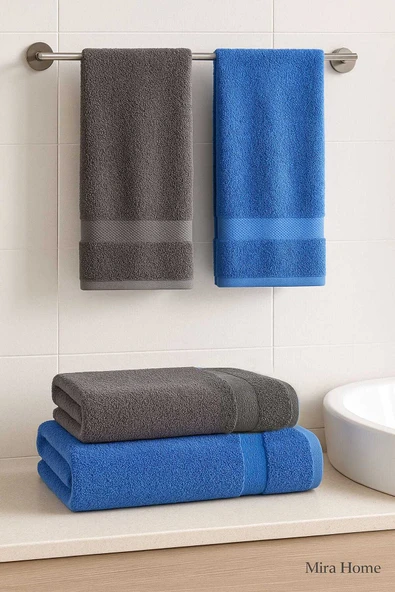 4 Parça Banyo Havlu Takımı %100 Pamuklu Dry Antrasit Mavi ürün görseli 1