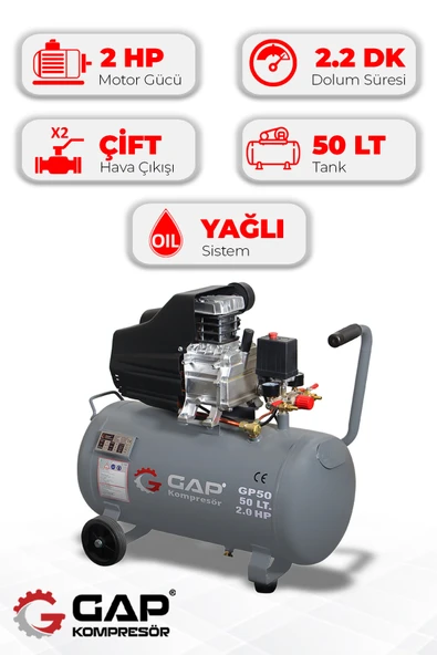 GAP Kompresör Hava Kompresörü Pistonlu 50 lt 8 Bar 2 Hp GP50 ürün görseli 1
