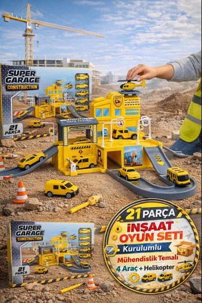İnşaat Garaj Oyuncak Seti 21 Parça Araçlı Helikopterli Rampalı Otopark Eğitici Oyun ürün görseli 1