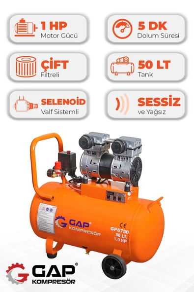 GAP Kompresör Hava Kompresörü Sessiz ve Yağsız 50 Lt GPS750 ürün görseli 1
