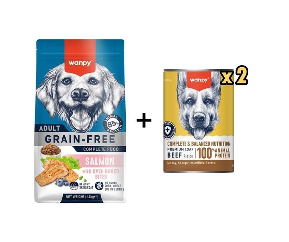 Wanpy Tahılsız Somonlu Yetişkin Köpek Maması 1,5 Kg + 2 Adet Wanpy Tahılsız %100 Gerçek Et Biftekli Köpek Konservesi 375 gr ürün görseli 1