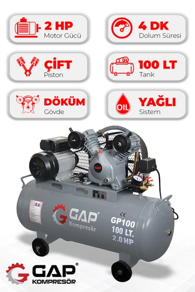 GAP Kompresör Hava Kompresörü Pistonlu 100 Lt 2 Kafa 8 Bar 2 Hp GP100 ürün görseli 1