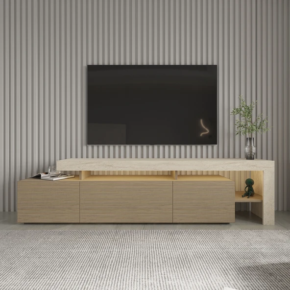 Beliz Modern LED Işıklı 3 Kapaklı, Raflı TV Sehpası – 192 cm  Traverten/Sıcak Meşe ürün görseli 1