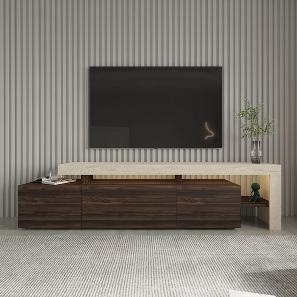 Beliz Modern LED Işıklı 3 Kapaklı, Raflı TV Sehpası – 192 cm  Traverten/Ceviz ürün görseli 1