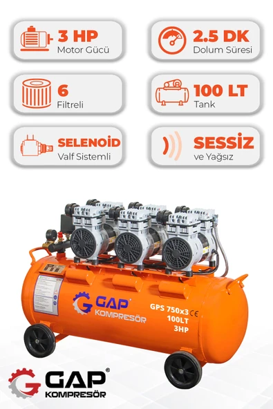 GAP Kompresör Hava Kompresörü Sessiz Ve Yağsız 100lt Gps750x3 ürün görseli 1