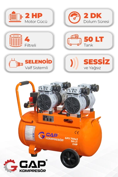 GAP Kompresör Hava Kompresörü Sessiz ve Yağsız GPS 750X2 ürün görseli 1
