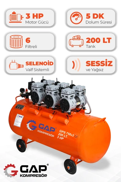 GAP Kompresör Hava Kompresörü Sessiz Ve Yağsız 200lt Gps750x3/200 ürün görseli 1