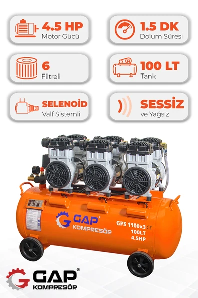 GAP Kompresör Hava Kompresörü Sessiz ve Yağsız 100Lt GPS1100x3 ürün görseli 1
