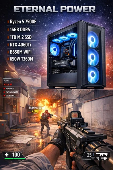 Eternal Power PHANTOM RUSH Ryzen 5 7500F RTX 4060 Ti 16GB DDR5 1TB M.2 B650M WIFI 650W 360mm Gaming PC ürün görseli 1
