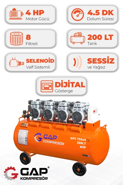 GAP Kompresör  Hava Kompresörü Sessiz Ve Yağsız Hava Kompresörü 200lt Gps750x4 ürün görseli 1
