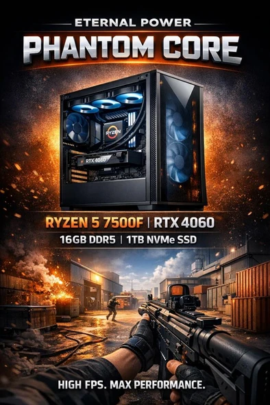 Eternal Power PHANTOM CORE Ryzen 5 7500F RTX 4060 16GB DDR5 1TB M.2 B650M WIFI 650W 360mm Gaming PC ürün görseli 1