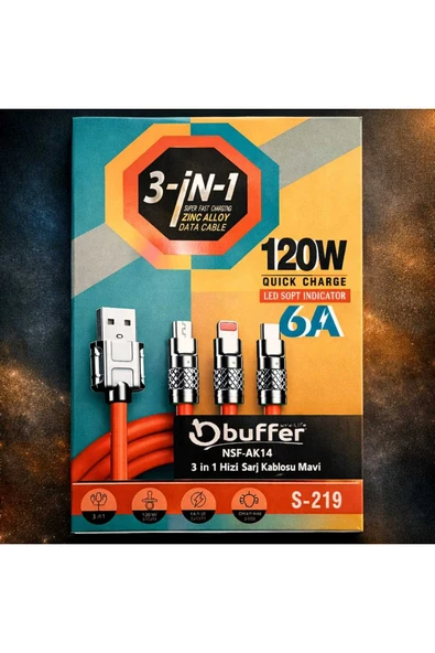 3-İN-1 Arada Şarj Kablosu 120W Hizli Şarj ürün görseli 1