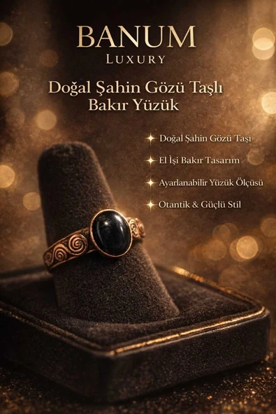Doğal Şahin Gözü Taşlı El İşi Tasarım Bakır Yüzük ürün görseli 1