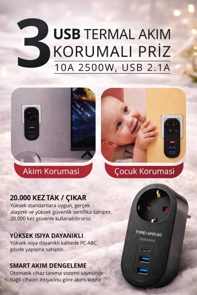 3xUSB Termal Akım Korumalı Priz Akıllı Akım Dengeleme ürün görseli 1