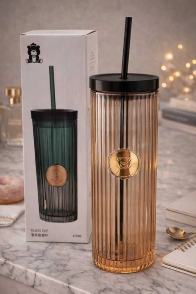 Premium Lüks Çizgili Cam Pipetli Bardak 470ml ürün görseli 1