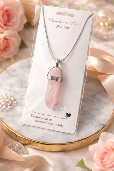 Doğal Pembe Kuvars Taşlı Çelik Kolye ürün görseli 1
