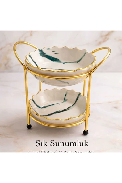 Şık 2 Katlı Sunumluk Altın Eskitme Detaylı Mermer Desenli Servis Standı ürün görseli 1