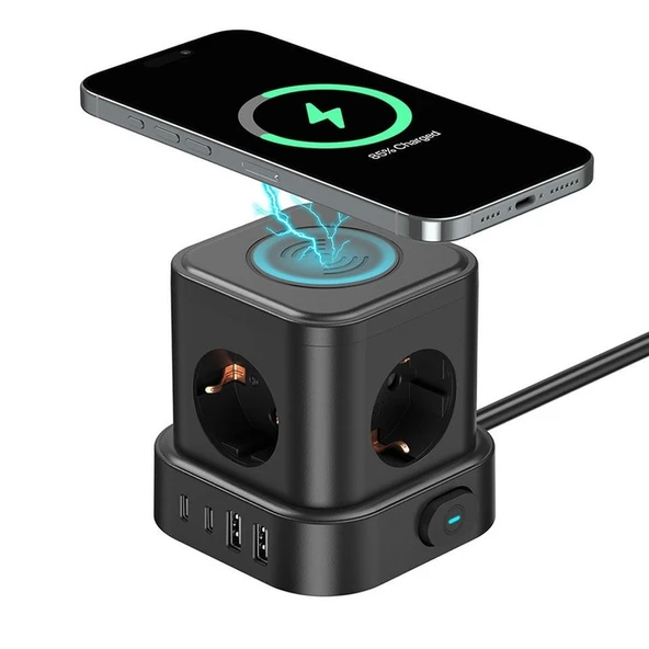 4'lü Priz Küp Çoklayıcı 2 USB 2 Type-C 5W Kablosuz Şarjlı 2 Metre Kablolu Akım Korumalı Priz ürün görseli 1