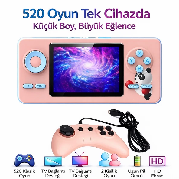 520 Oyunlu Taşınabilir Oyun Konsolu Şarjlı, TV Bağlantılı, Çift Kişilik Oynanabilir S5 GAMPED PEMBE ürün görseli 1