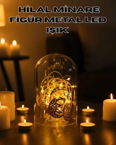 Ramazan Minare Detaylı Hilal LED Işık Günışığı Sarı Metal Süs ürün görseli 1