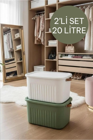 Bayev 2 Adet Yeşil Ve Beyaz 20 Lt Boxsis Set Mega Boy Çok Amaçlı Kapaklı Kutu Dolap Düzenleyici Organizer ürün görseli 1