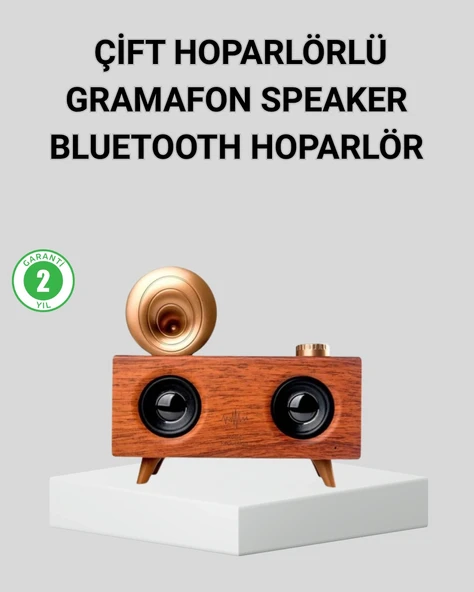 Retro Gramafon Bluetooth Hoparlör Çift Stereo Sesli FM Radyo Destekli ürün görseli 1