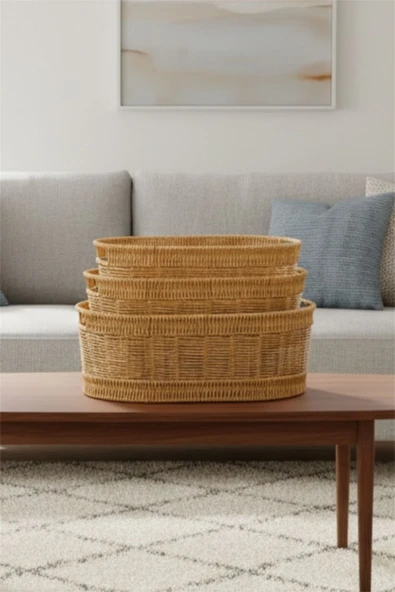 Bayev 3'Lü 6066 Rattan Örgülü Oval Sunum Sepet Seti - 3 Boy Rattan Hasır Set Havluluk Dekoratif ürün görseli 1