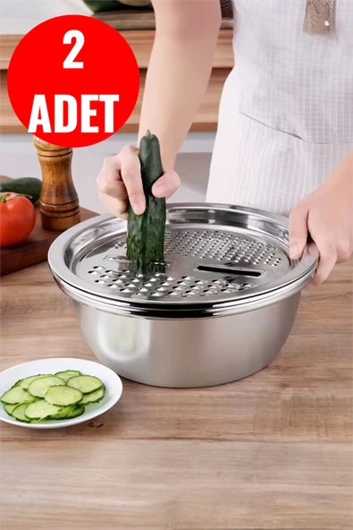 Bayev 2 Adet Hazneli Rende Paslanmaz Çelik 4 Farklı Rendeleme Çok Amaçlı Karıştırma Kabı Rendeli Kap 24 Cm ürün görseli 1