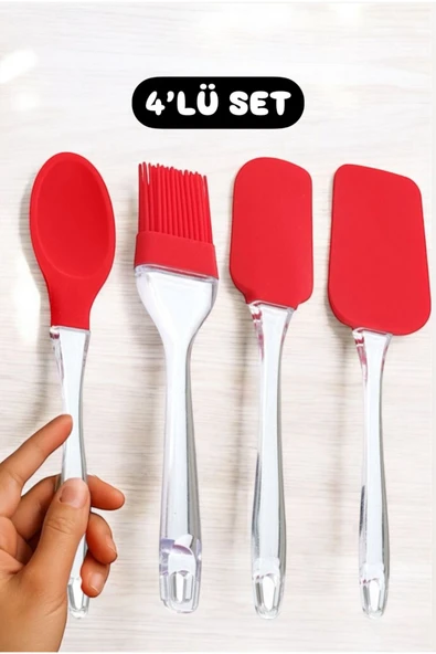 Bayev Red 4 Parça Silikon Set Kırmızı Yemek Pişirme Mutfak Seti Kaşık Yumurta Fırçası Spatula Seti ürün görseli 1