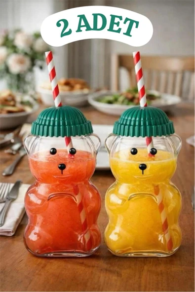 Bayev 2 Adet Teddy Bear Cam Barista Soğuk İçecek Bardağı Ayıcıklı Bardak 550 ML Pipetli Tasarım Sevgililer ürün görseli 1
