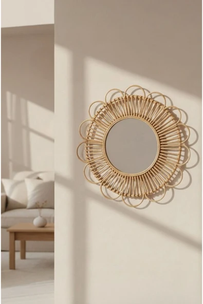 Bayev Rattan Çiçek 55 Cm Dekoratif Ayna 9143 - Dekoratif Hasır Yuvarlak Ayna ürün görseli 1