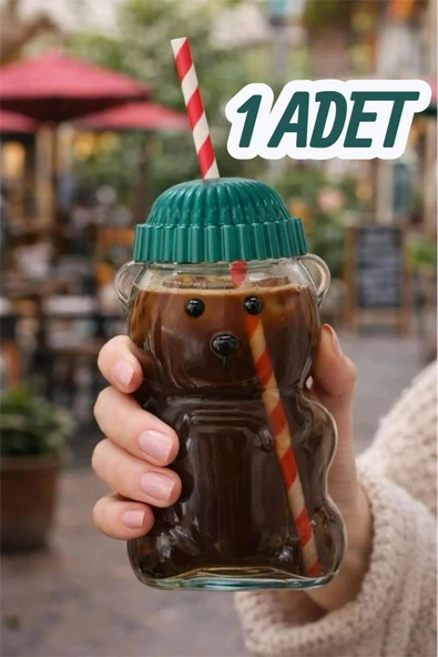Bayev Teddy Bear Cam Barista Soğuk İçecek Bardağı Ayıcıklı Bardak 550 Ml Pipetli Tasarım Kupa ürün görseli 1