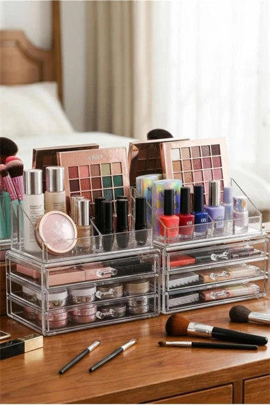 Bayev 2 Adet Ruby Şeffaf Organizer Set – 3 Çekmeceli Dior ve 16 Bölmeli Ruby Düzenleyici Makyaj Organizeri ürün görseli 1