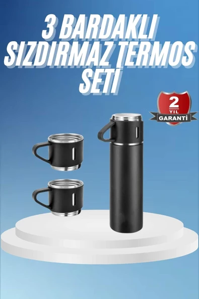Termos Paslanmaz Çelik Termos Siyah Renk 3 Bardaklı Termos Seti ürün görseli 1