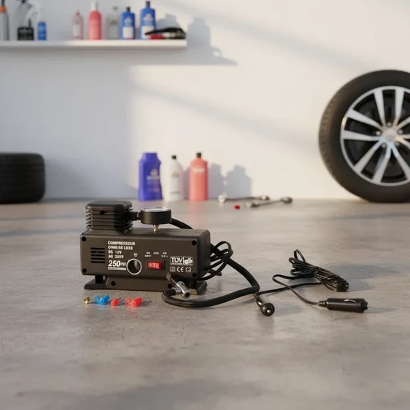 250 PSI Oto Hava Kompresörü - 220V ve 12V Uyumlu Yol Yardım Lastik Şişirme Pompası ürün görseli 1