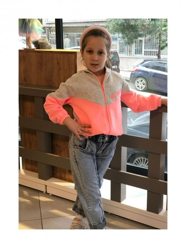 Gri-Pembe Renk Kapişonlu Hırka - Resim 5