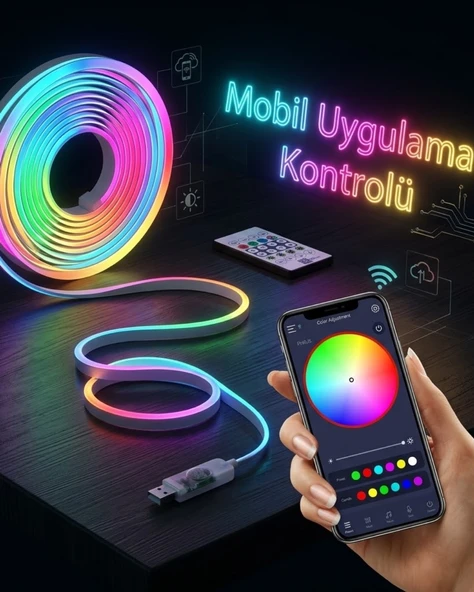 Akıllı RGB LED Neon Şerit Işık 3M USB Bağlantılı Uzaktan Kumanda ve Mobil Uygulama Kontrolü ürün görseli 1